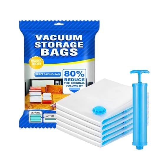 Big Vacuum Storage Bag Set – 5 Premium Space Saver Bags (2 Small, 2 Medium, 1 Large) + Travel Pump | 3× Storage Space, Double-Zip & Triple-Seal, Anti-Microbe, Travel-Friendly