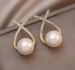 Korean Studded Cross Pearl Stud Earrings - Image 2