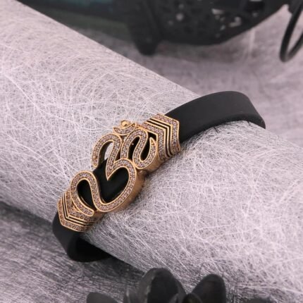 Eye-Catching Diamond OM Leather Belt Gold Plated Bracelet - Style A386 - AmazingBaba