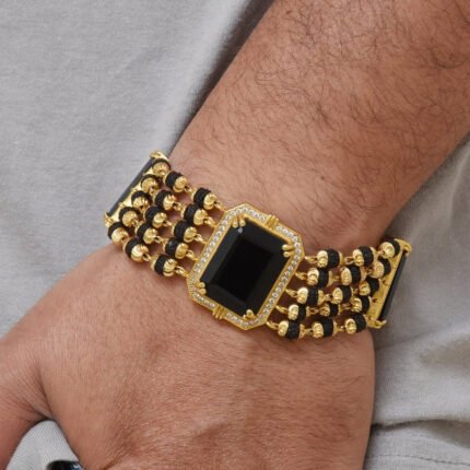 Black & Blue Stone Rudraksh with Diamond Latest Design Gold Plated Bracelet for Men - Style C730/29 - AmazingBaba