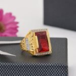 1 Gram Gold Plated Red Stone with Diamond Antique Design Ring for Men - Style B435 - AmazingBaba